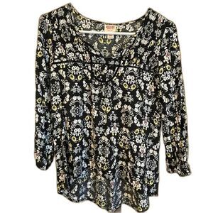 MOSSIMO Black Floral Boho Peasant Blouse M Top Yellow & Pink flowers lightweight